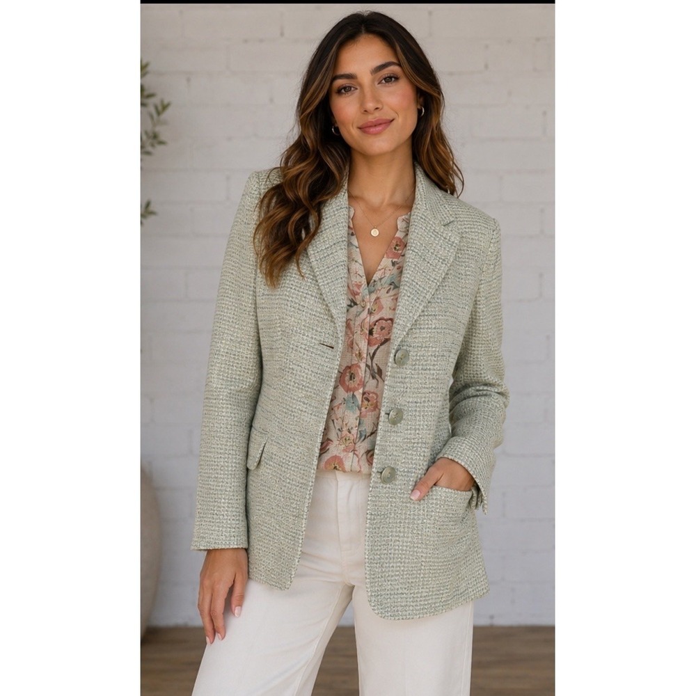 Authentic Agnona Italy Cream Blue Linen Silk Jacket Blazer Size 48/Medium Vtg